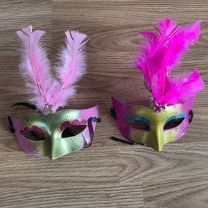 Women Eye Mask Light Up Party Mask Masquerade Mask Pink Feather Mask Lot of 2